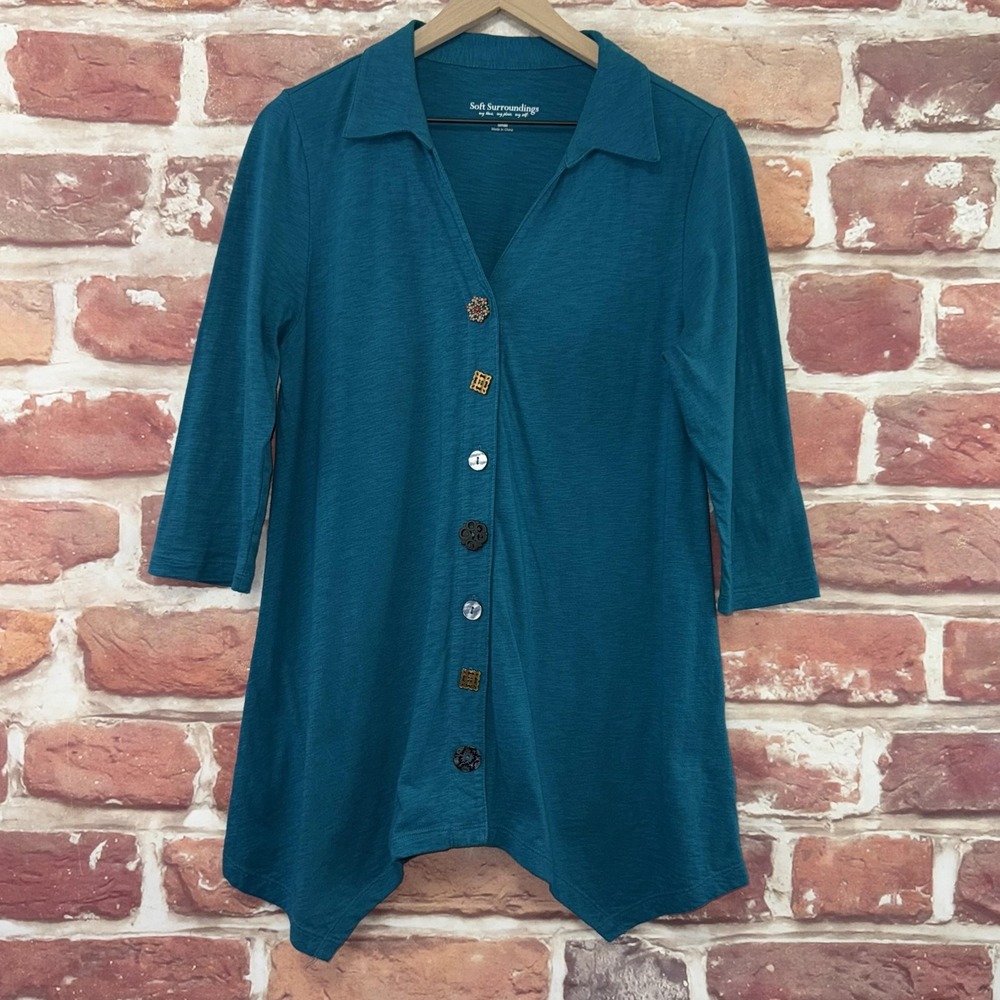 Soft Surroundings Tunic Top Women's S Teal Blue Slubbed Mismatched Buttons Shirt